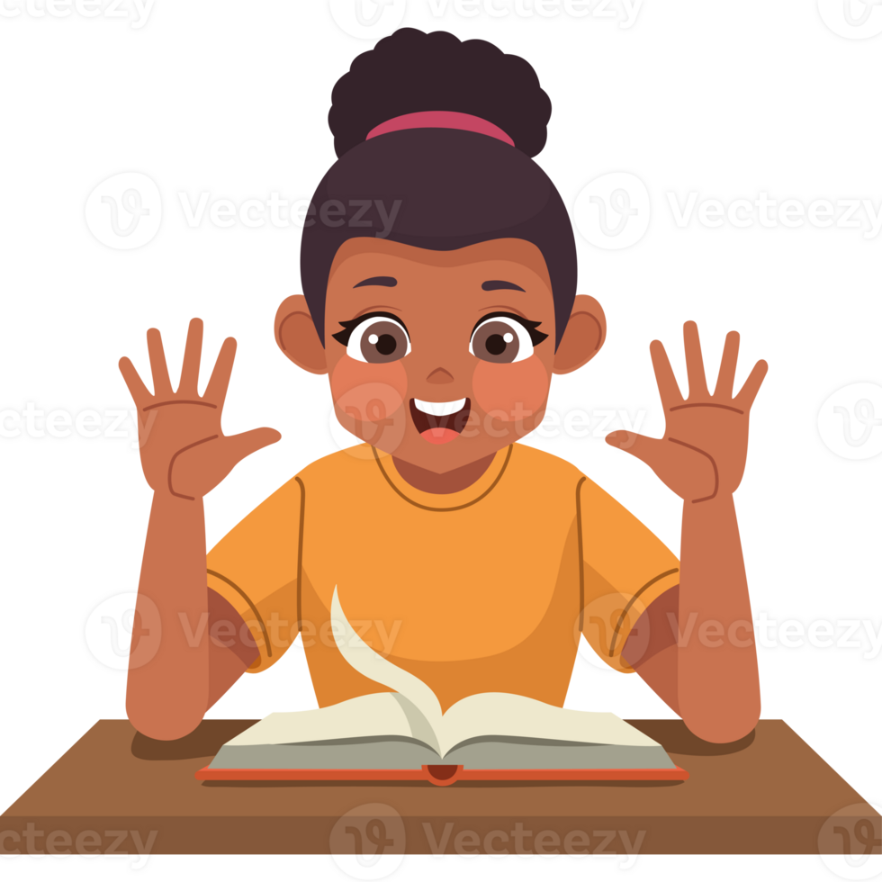 A girl is sitting at a table with her hands up png