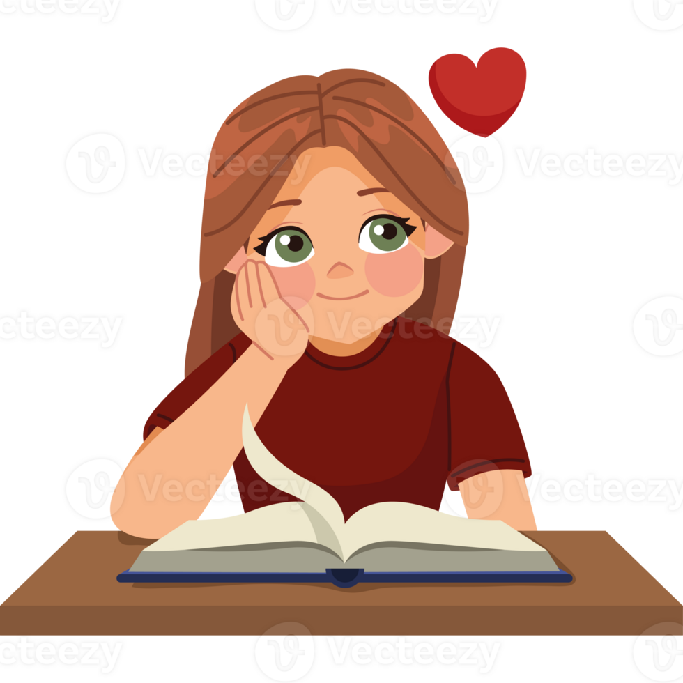 A girl is reading a book with a heart over it png