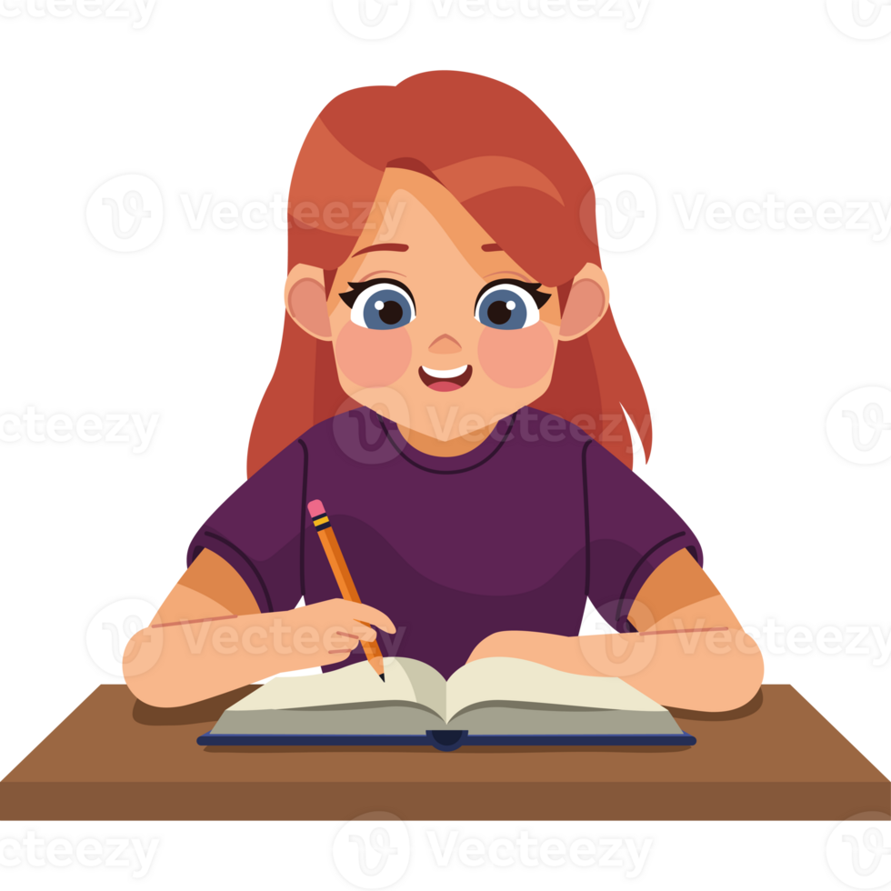 A girl is writing in a book and holding a pencil png