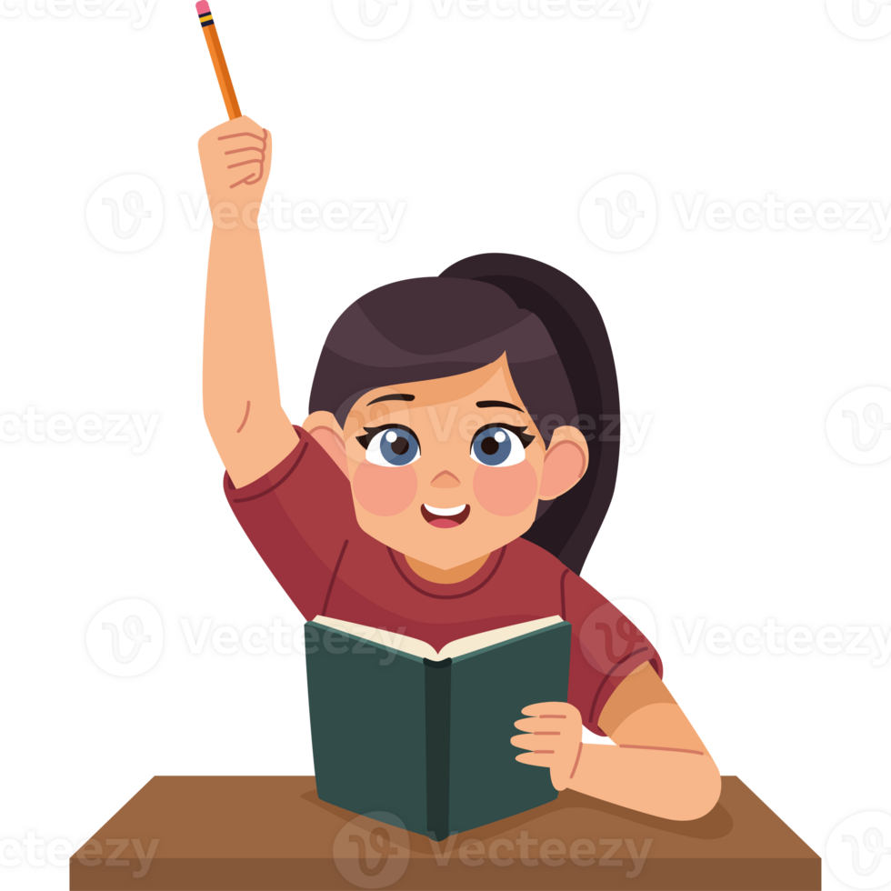 A girl is sitting at a desk with a pencil in her hand png