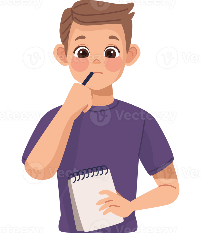A boy holding a pen and writing on a notepad png
