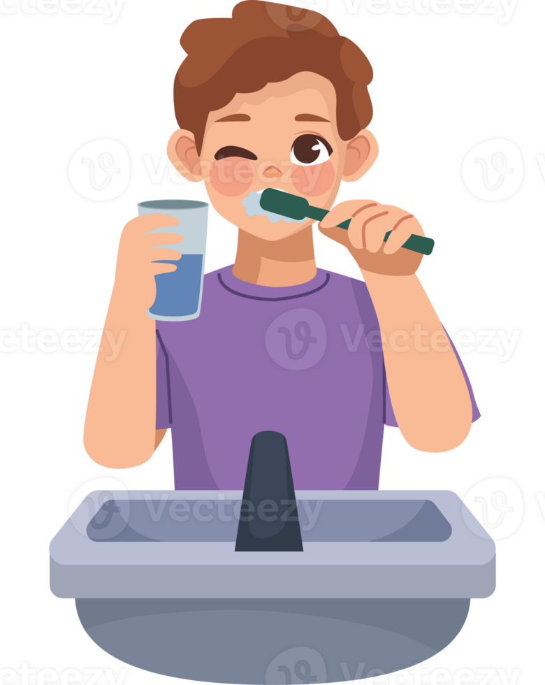 A boy brushing his teeth with a toothbrush png
