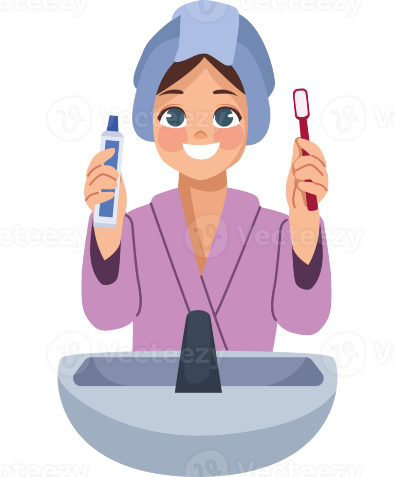 A woman in a bathrobe holding a toothbrush and toothpaste png