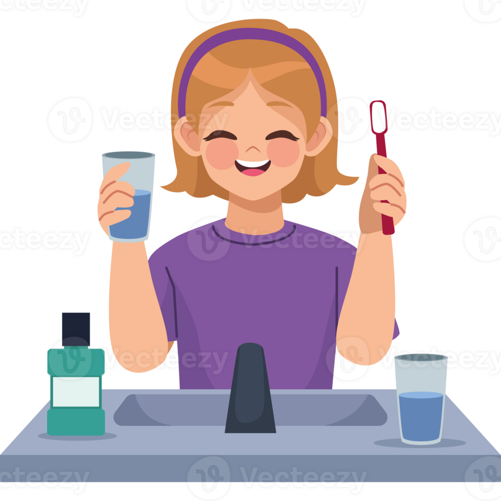 A girl is brushing her teeth and holding a toothbrush png