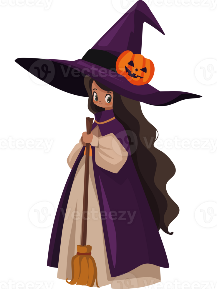 A cartoon witch with a broom and pumpkin png