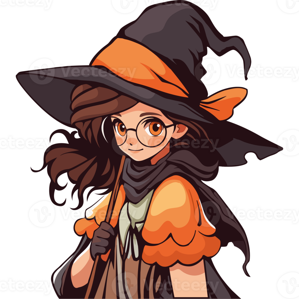 A cartoon witch with glasses and a hat png