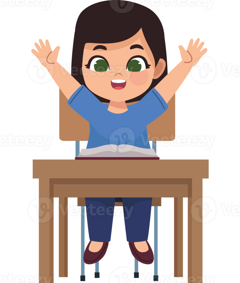 A girl sitting at a desk with her arms up png