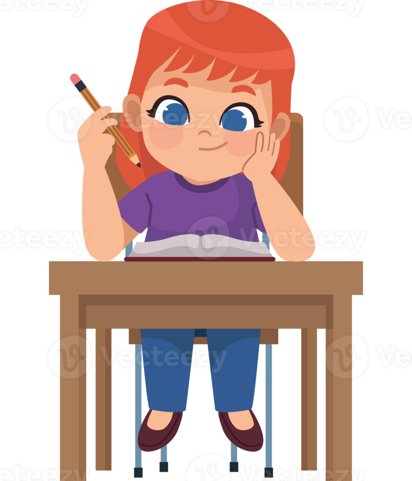 A girl is sitting at a desk with a pencil and a book png
