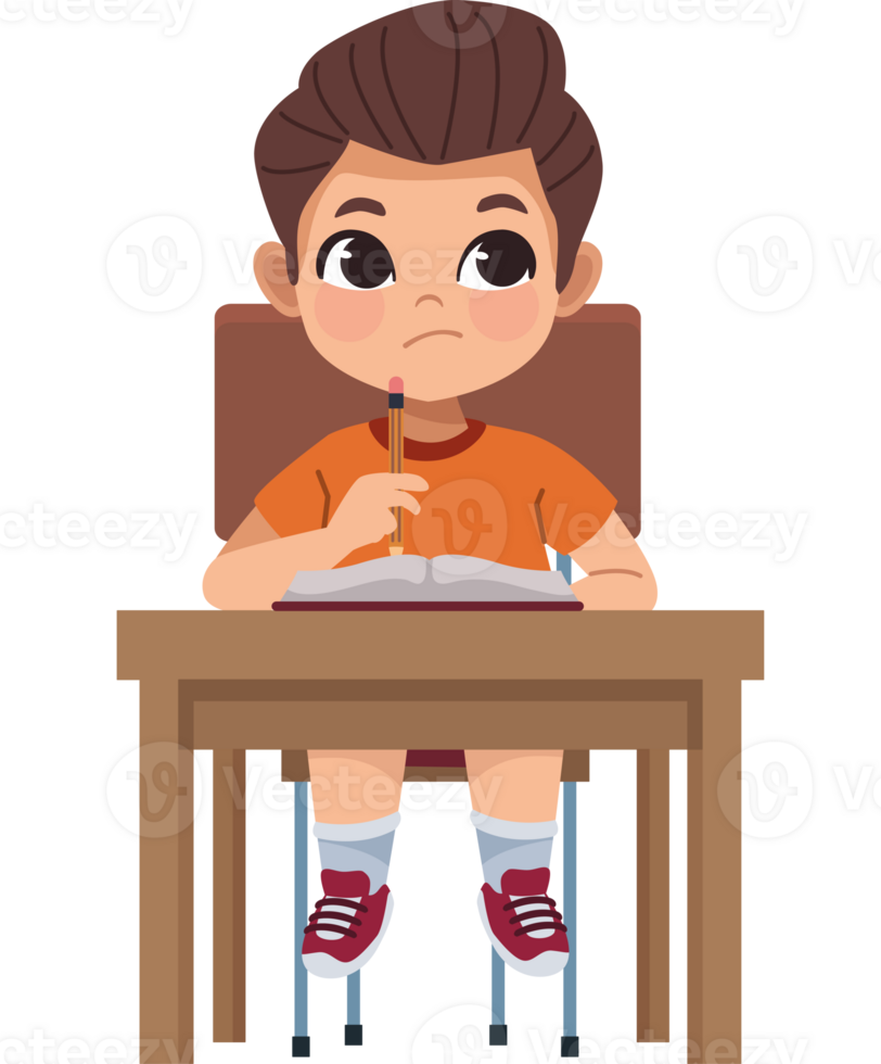 A boy sitting at a desk with a pencil and a book png