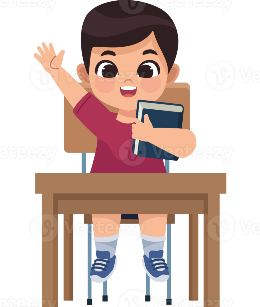 A boy sitting at a desk with his hand up png