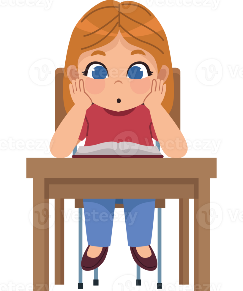 A girl is sitting at a desk with her hands on her head png