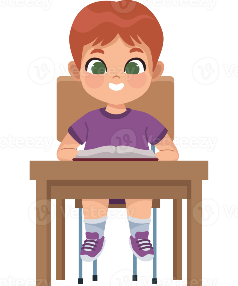 A boy sitting at a desk with a book png