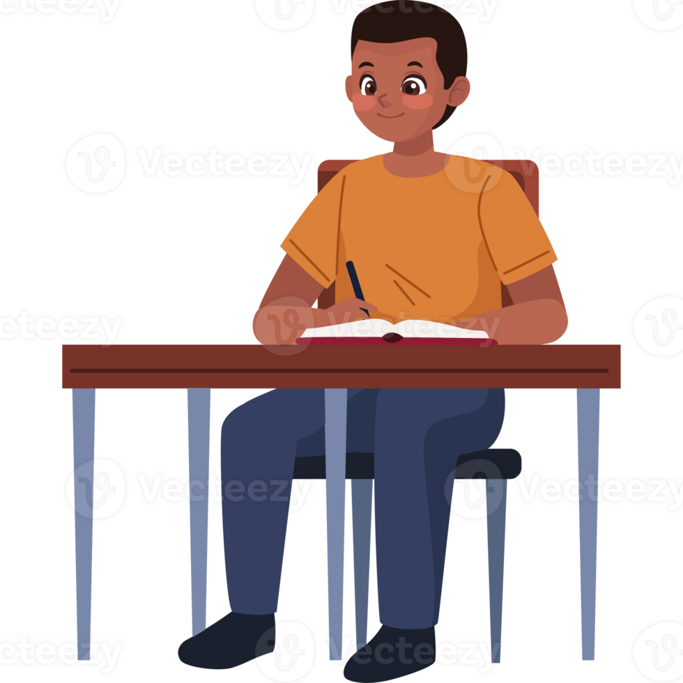 A boy sitting at a desk with a book png