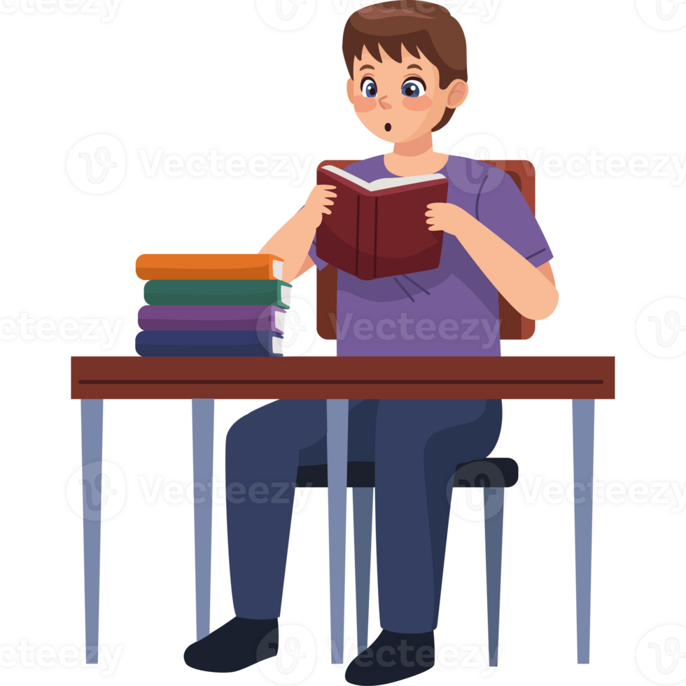 A boy is sitting at a table with books png