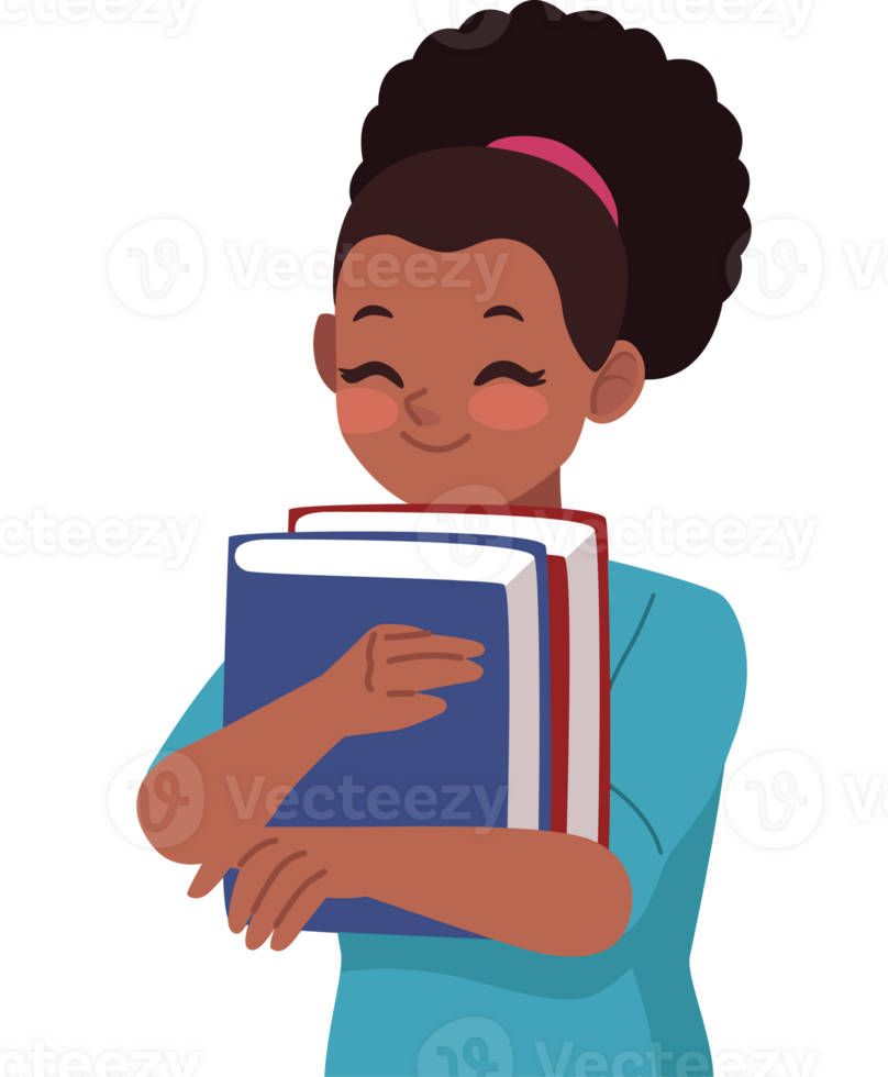 A girl holding a stack of books png