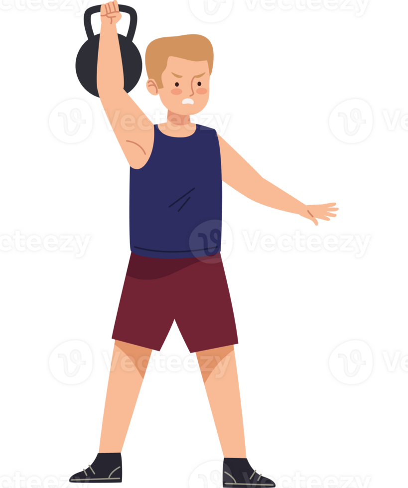 A man is holding a kettlebell in his hand png