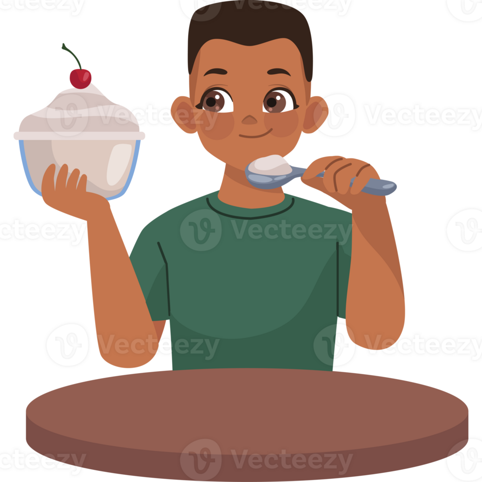 A boy holding a bowl of ice cream and a spoon png