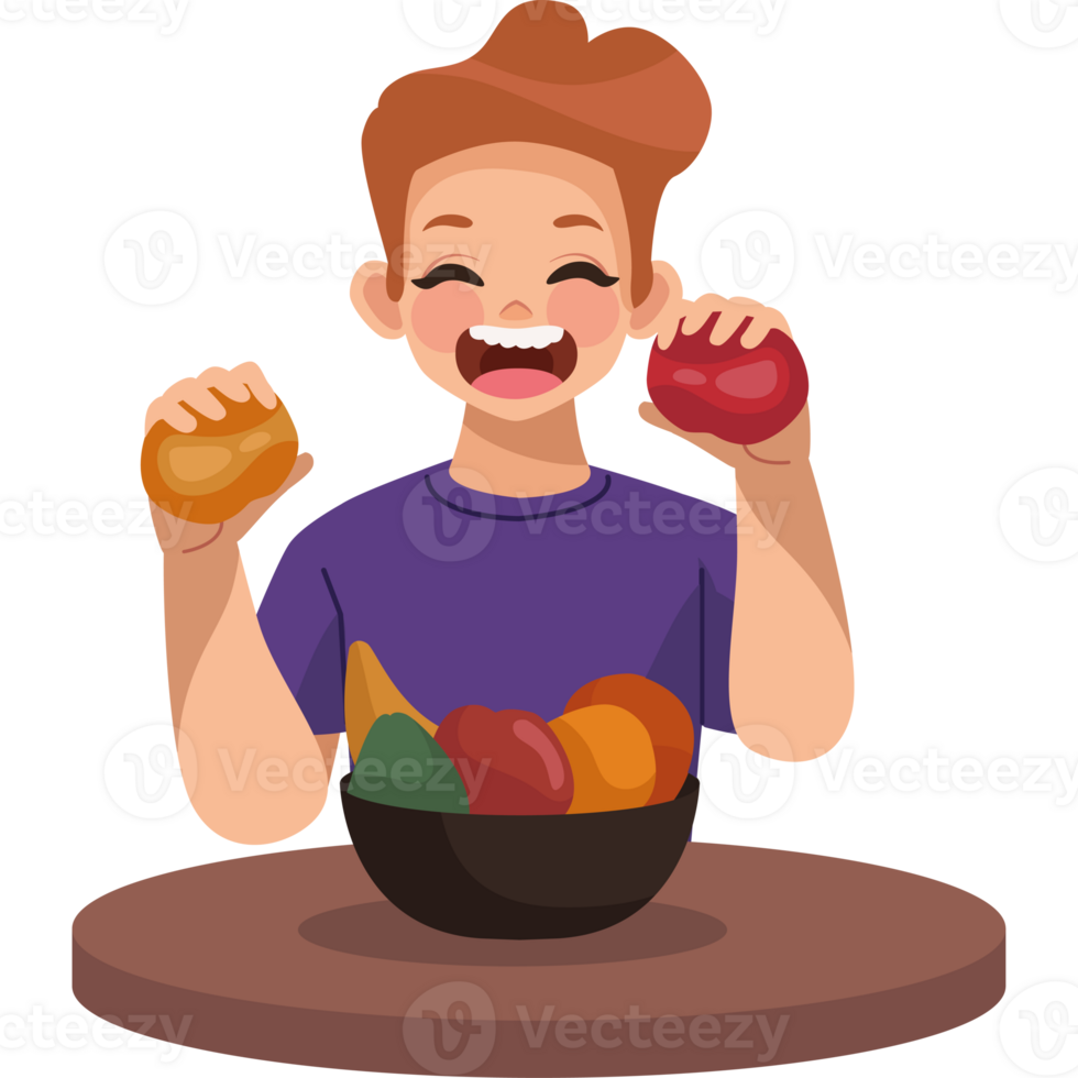 A boy is holding two apples and a bowl of fruit png
