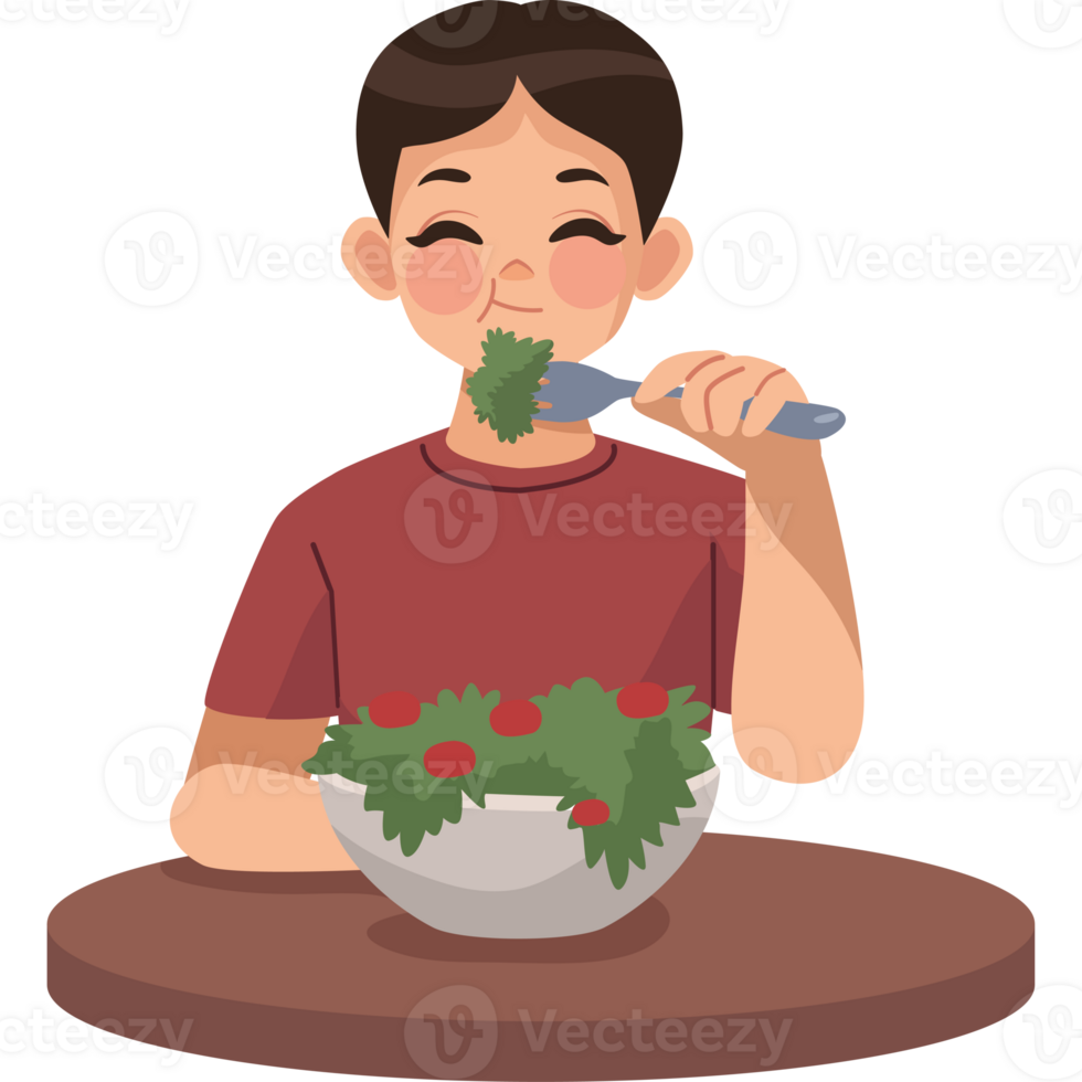 A boy eating a salad with a fork and spoon png