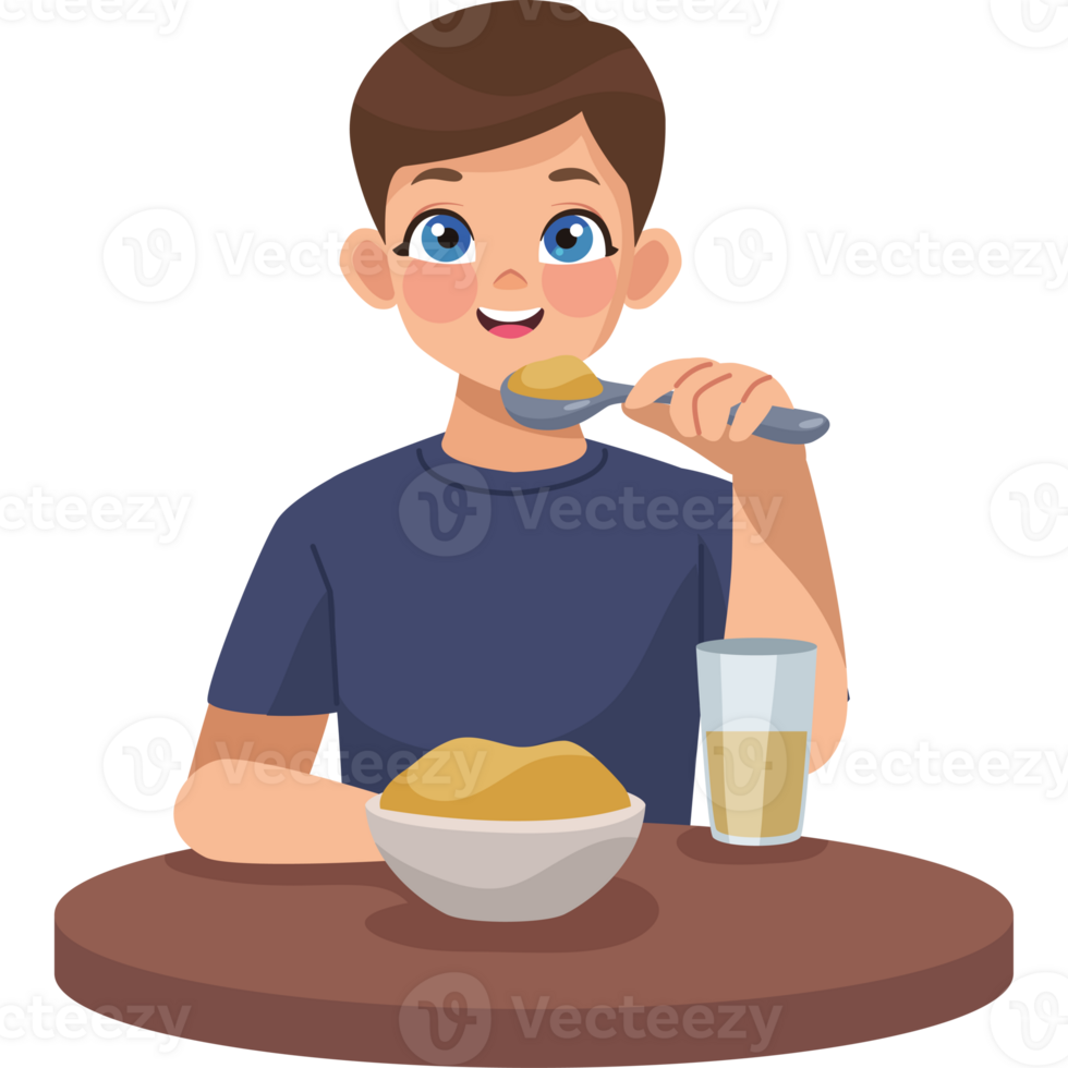 Boy eating cereal with spoon and glass of milk png