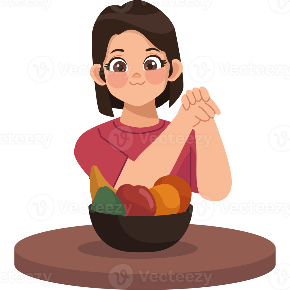 A woman is sitting at a table with fruit in front of her png