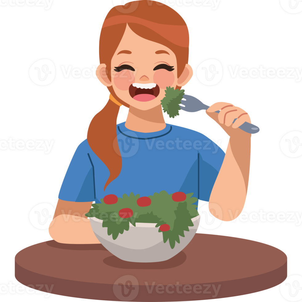 A woman eating salad with a fork and spoon png