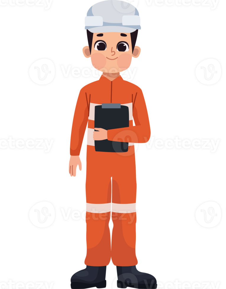 A cartoon man in an orange work uniform holding a folder png