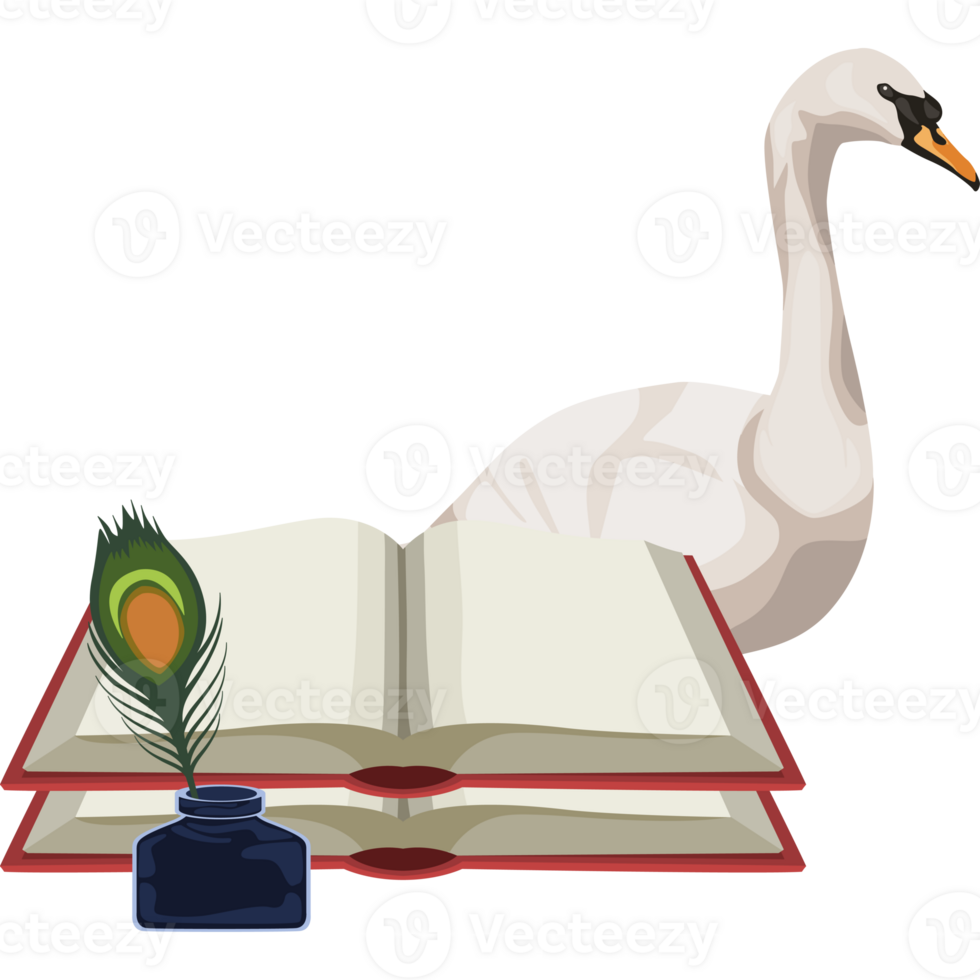 A white swan and an open book with a quill png