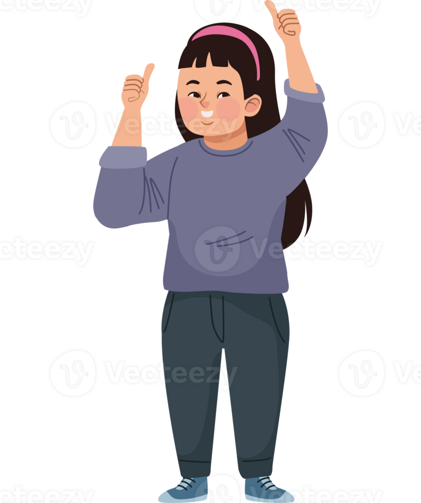 A girl with her hands up and thumbs up png