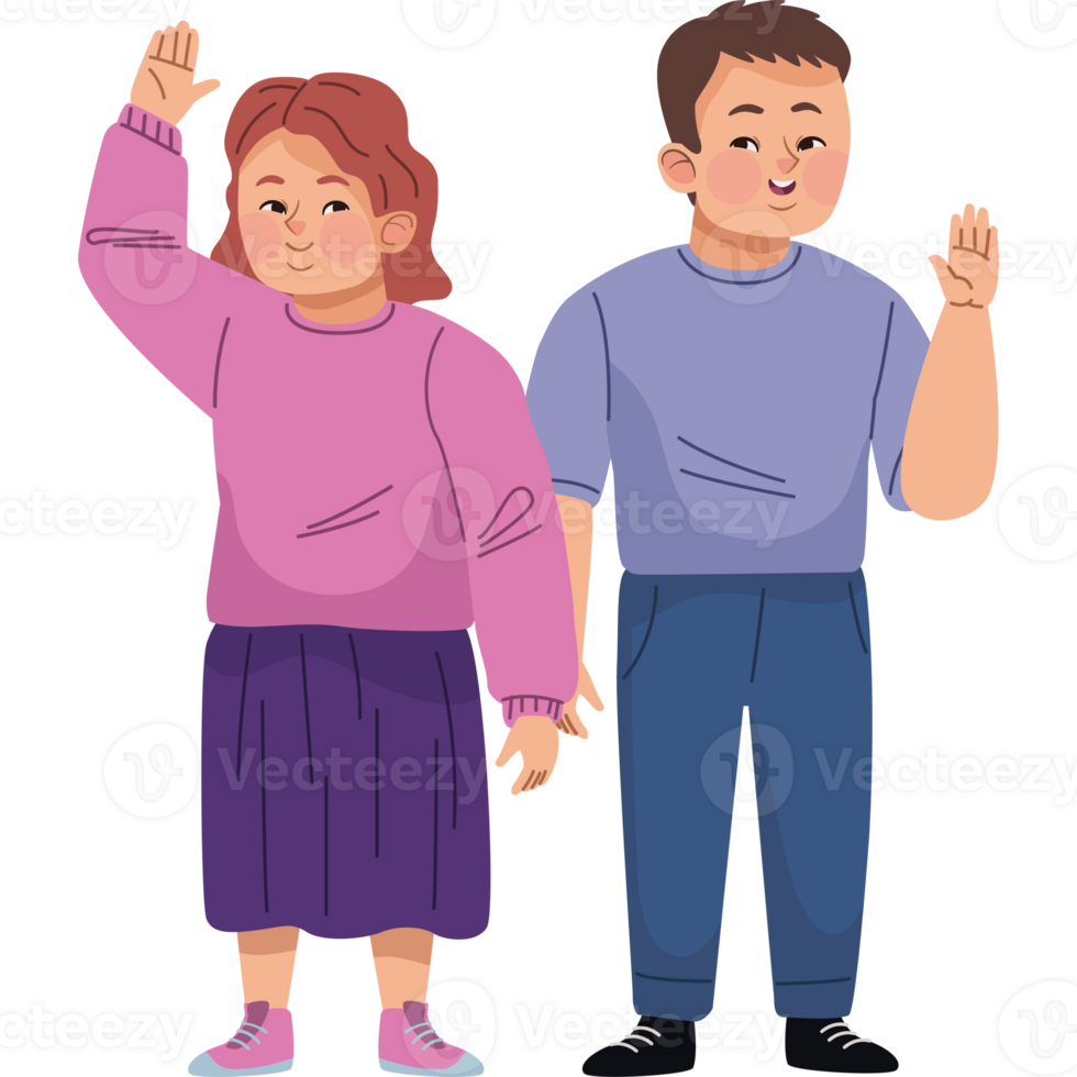 Cartoon illustration of a man and woman waving png