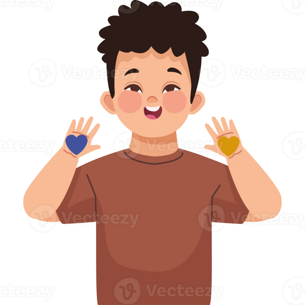 A boy with his hands up showing two hearts png