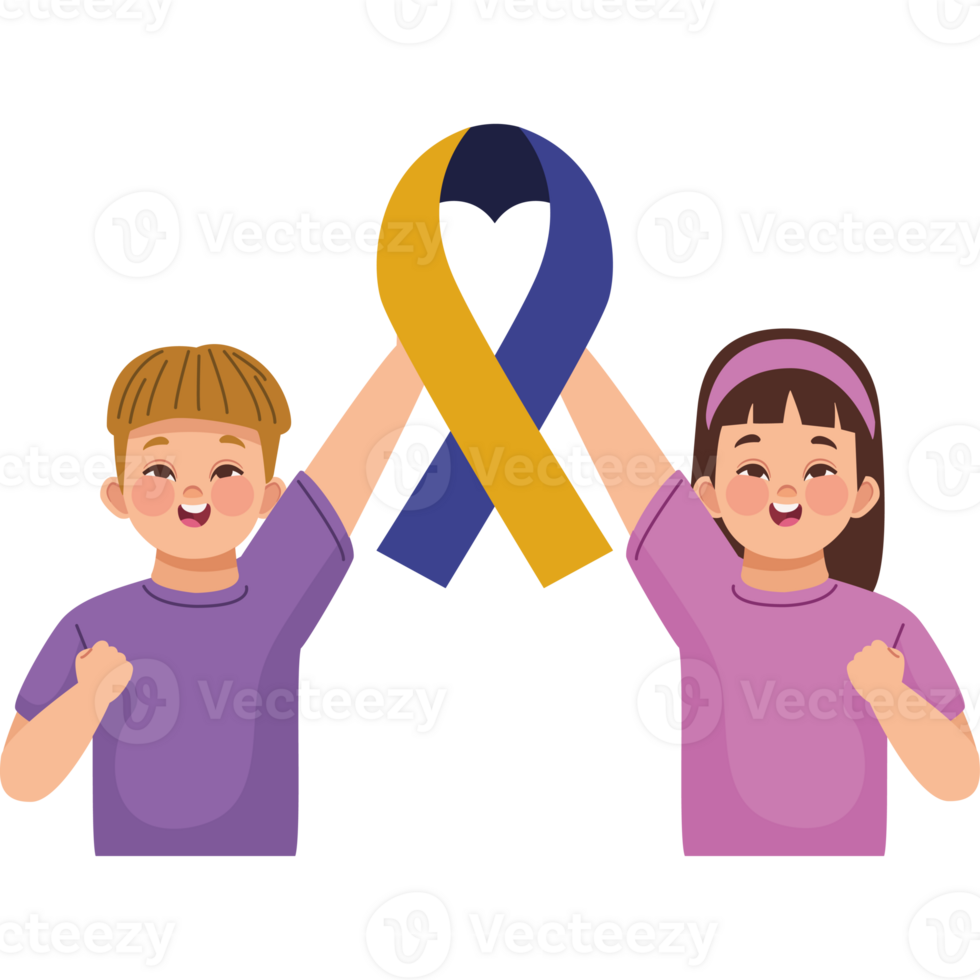 Two children holding up a yellow and blue ribbon png