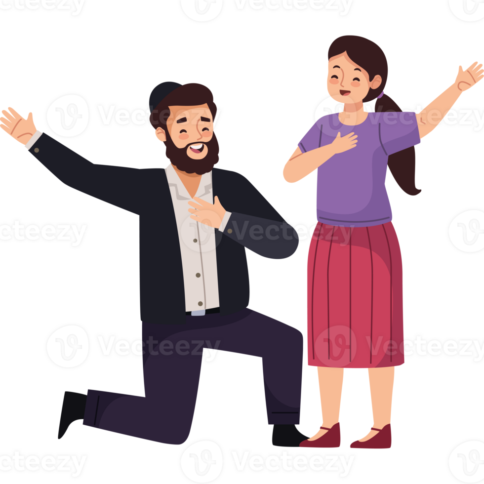 Jewish man and woman standing together, one pointing to the sky png