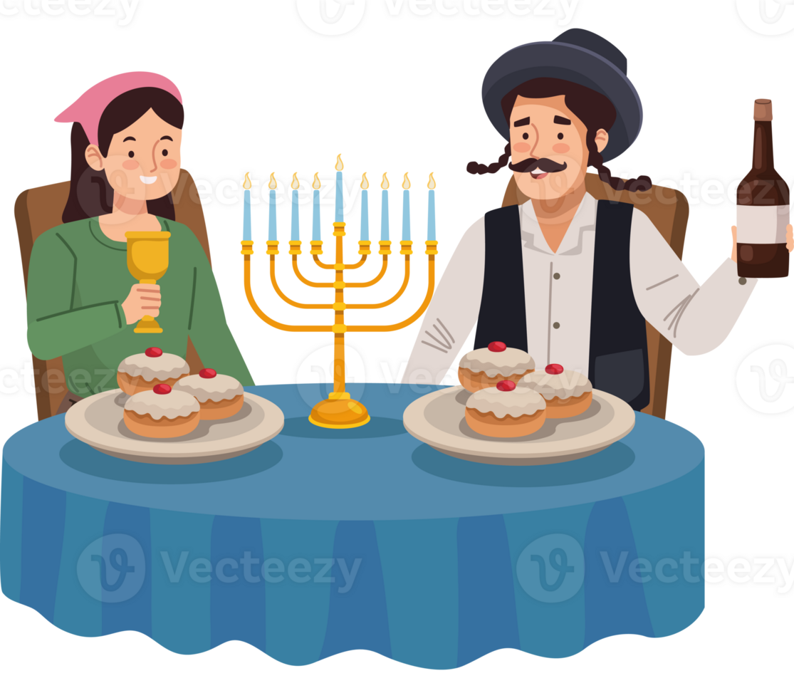 A man and woman sitting at a table with a menorah and a bottle of wine png
