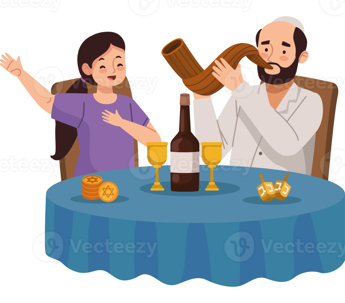A man blowing a shofar with a woman at a table png