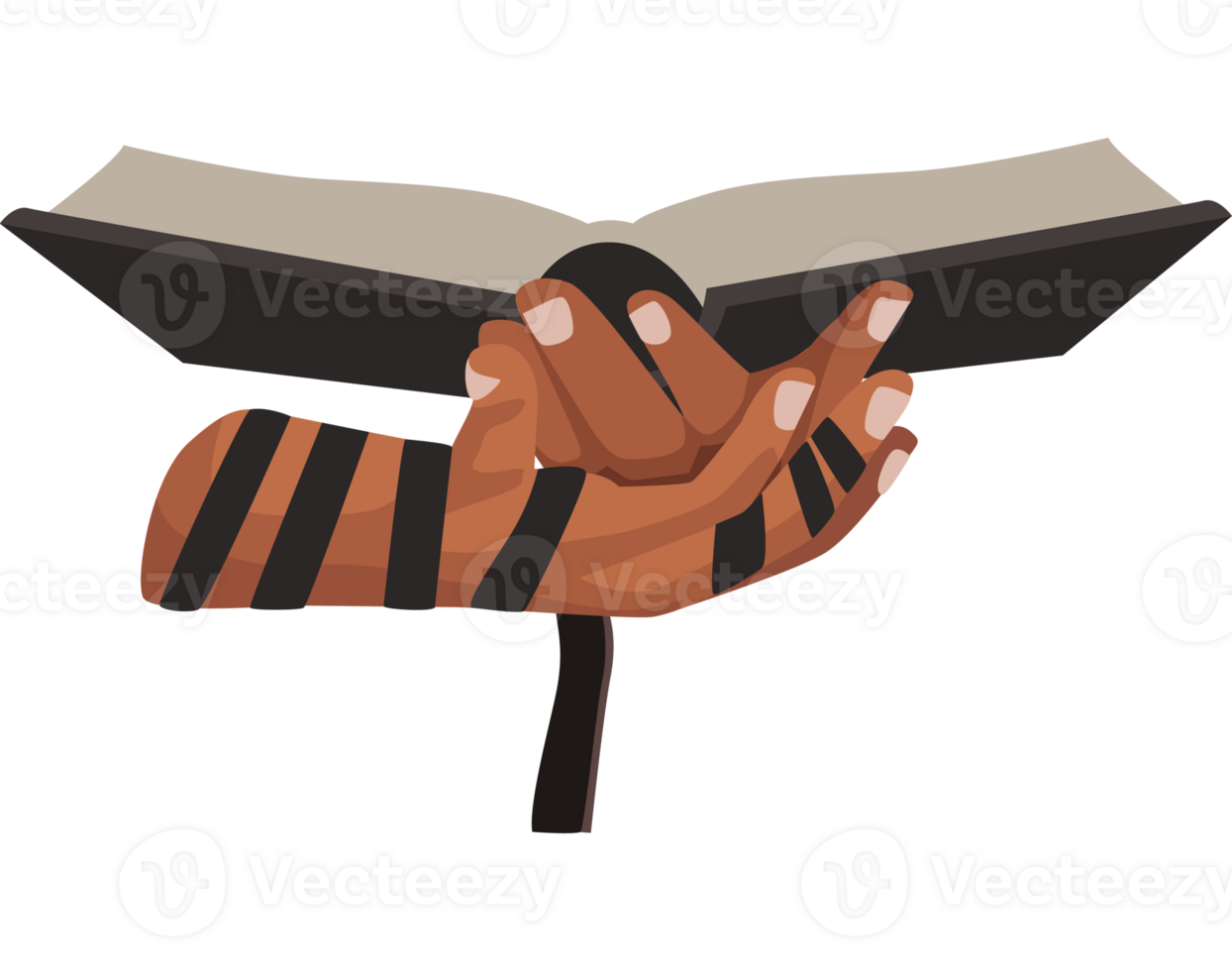 A hand holding a book with a black and white striped arm png