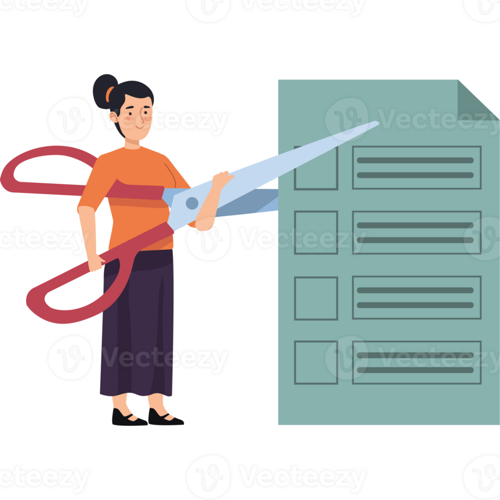 A woman holding a pair of scissors and cutting a check list png