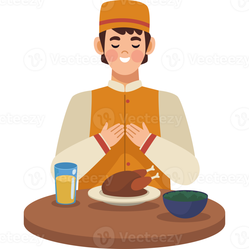A man is praying at a table with a turkey png