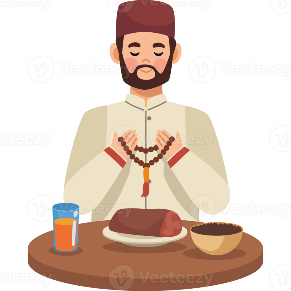 A man praying at the table with food and drink png