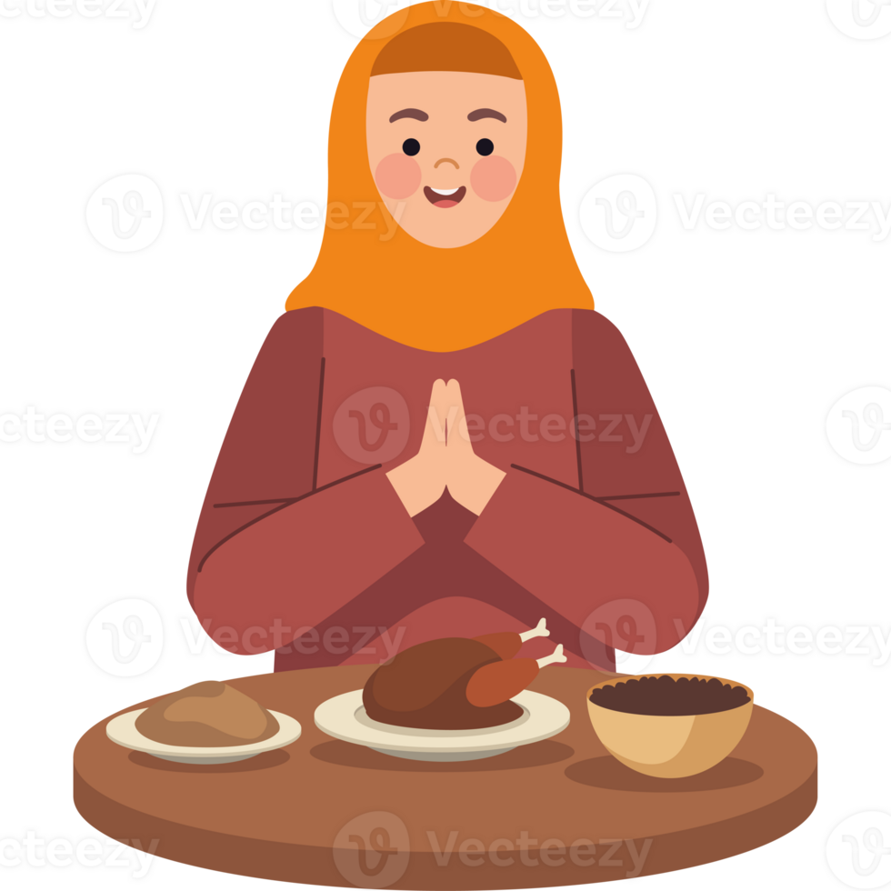 A woman in a hijab is praying at a table with food png