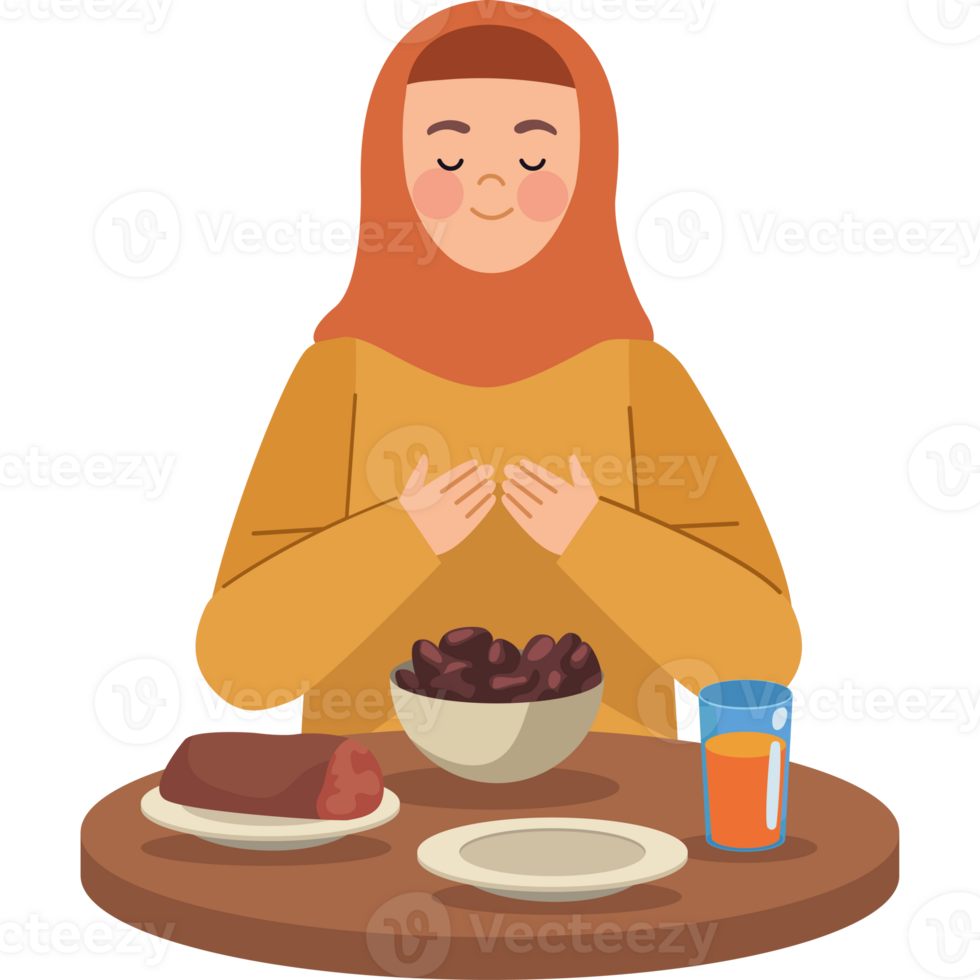 A muslim woman praying at the table png