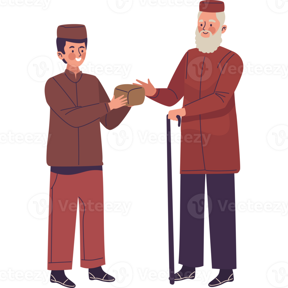 Two men in traditional clothing are giving a box to each other png