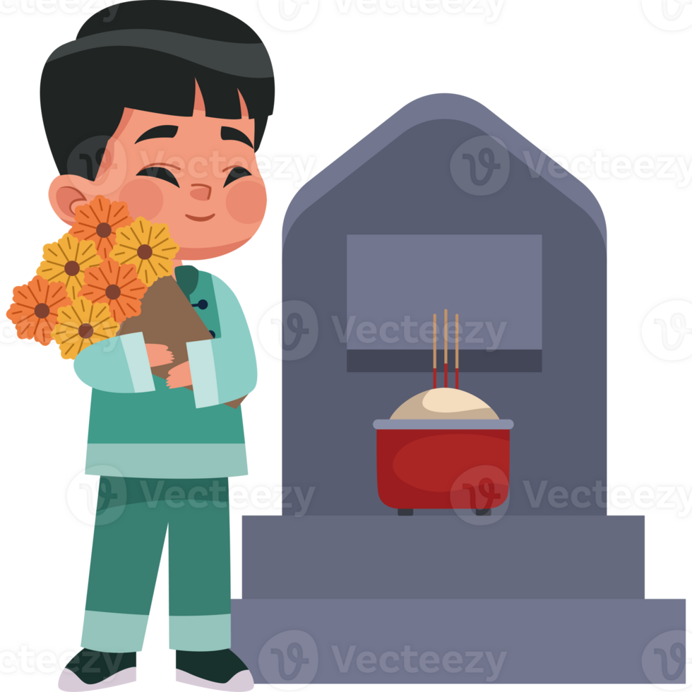 A boy holding flowers near a grave png