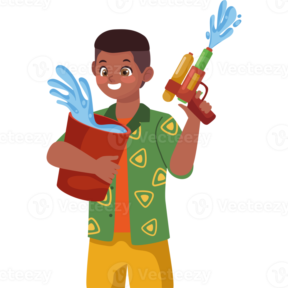 A cartoon boy holding a bucket of water and a water gun png
