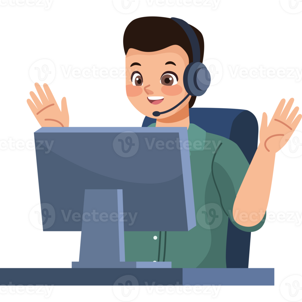 A man wearing headphones is sitting at a computer png