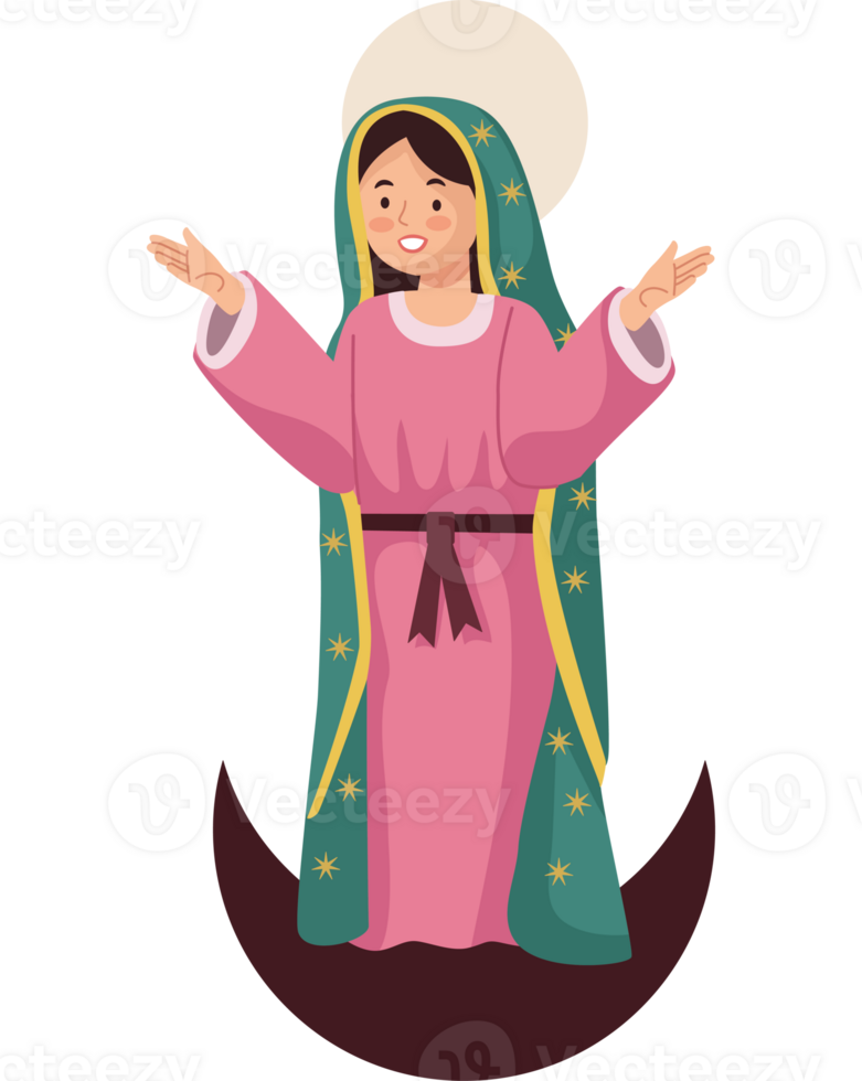 The virgin mary is standing on a moon png