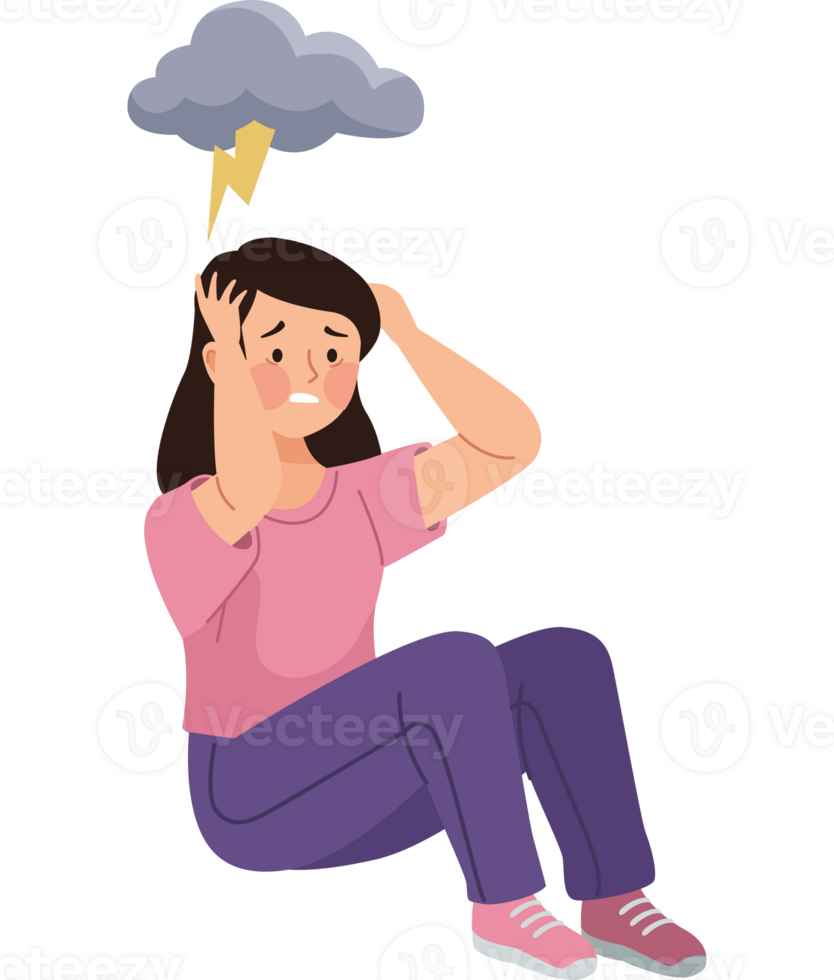 A woman sitting on the ground with a lightning bolt above her head png