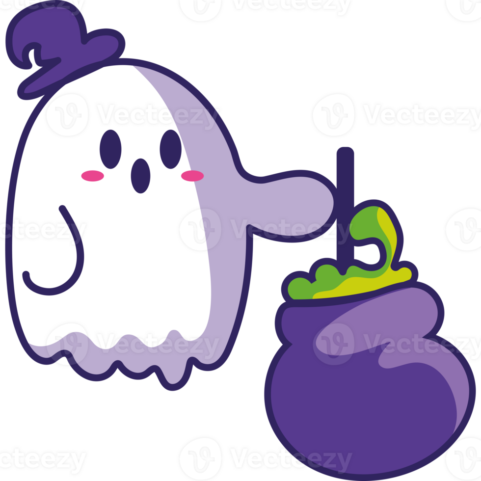 A cartoon ghost with a purple pot and a witch hat png