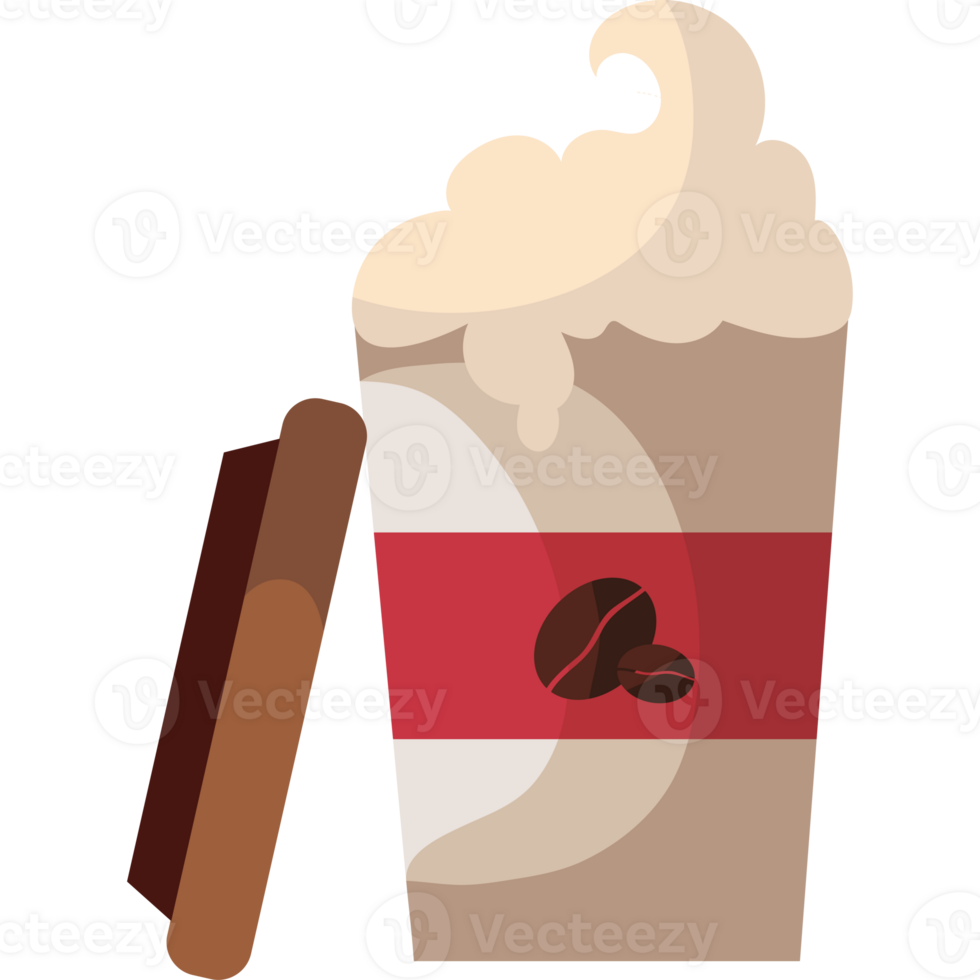 A cup of coffee with whipped cream and a chocolate bar png