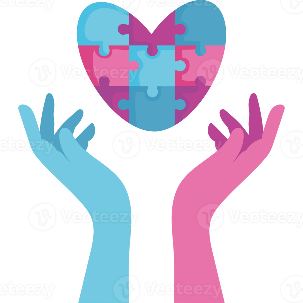 Two hands holding a puzzle heart with a puzzle piece in the middle png